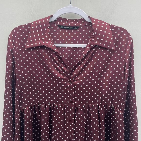 Zara Basic Brown Maroon Wine White Polka Dot Oversized Tunic Satin Blouse - Picture 3 of 6